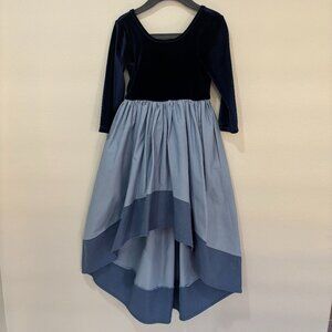 Pleiades 3 blue tones dress with hi low hemline, top is velvet, bottom is cotton